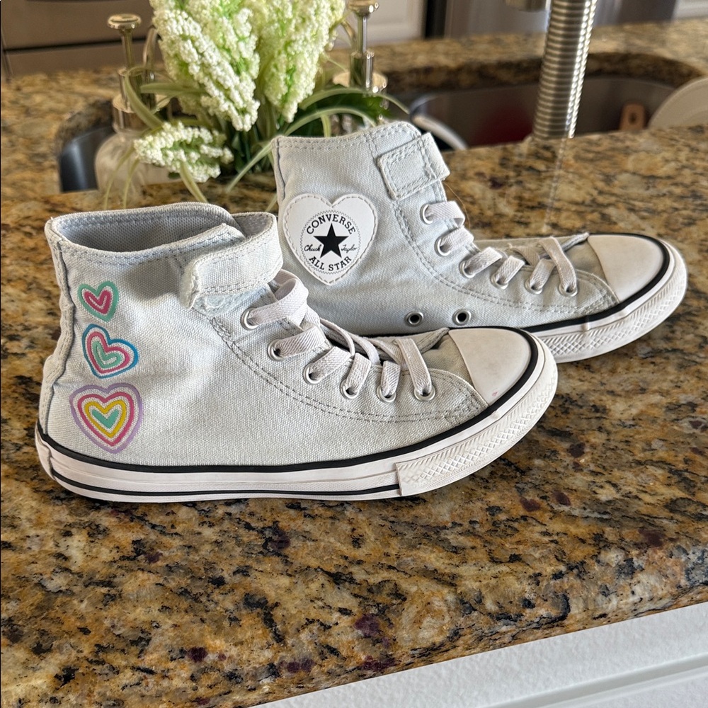 Converse Girls Light Gray High-Tops with Heart Accents